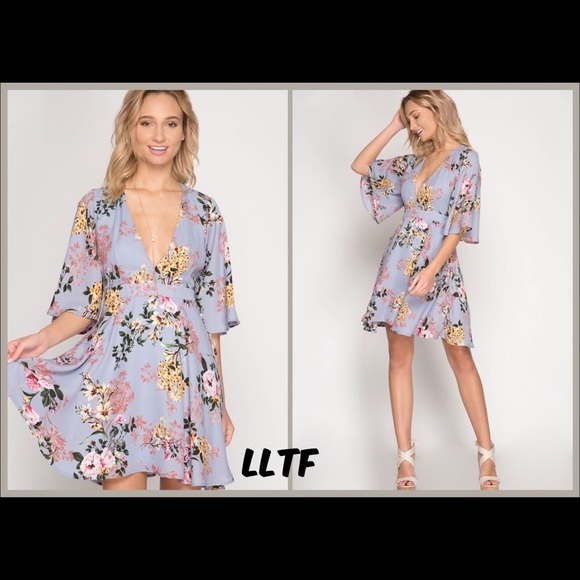 LAST ONE Plunging Floral Print Dress- MISTY BLUE - Picture 2 of 4